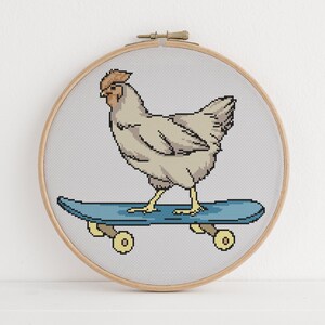 Skateboarding Chicken Cross Stitch Pattern Funny Silly Farm Animal Design 9 Colors
