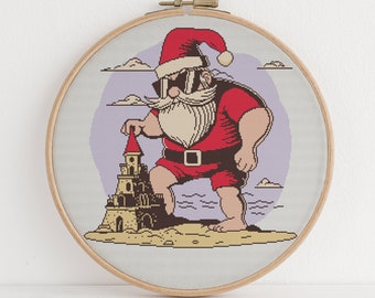 Santa At The Beach Cross Stitch Pattern Sandcastle Funny Cute Design 6 Colors
