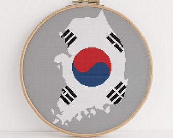 South Korea Cross Stitch Pattern Korean Flag Map Travel Lover Design 4 Colors