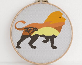 African Lion Cross Stitch Pattern Majestic Beautiful Savannah Sunset Design 5 Colors