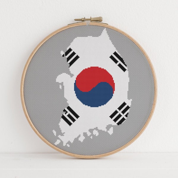 South Korea Cross Stitch Pattern Korean Flag Map Travel Lover Design 4 Colors