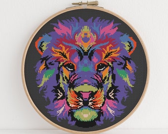 Colorful Lion Cross Stitch Pattern Beautiful Majestic Wildlife Abstract Design 11 Colors