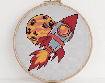 Rocket Ship Cross Stitch Pattern Outer Space Travel Distant Planet Design 7 Colors