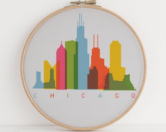 Chicago skyline kruissteekpatroon prachtig kleurrijk stadsreisontwerp 10 kleuren