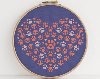 Paw Prints On My Heart Cross Stitch Pattern Cute Dog And Puppy Lover Design 2 Colors