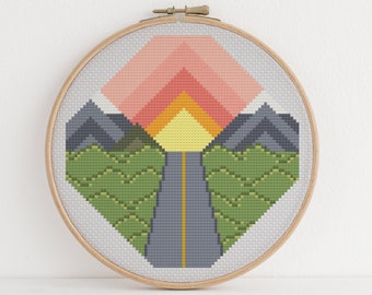 Road Trip Sunset Cross Stitch Pattern Modern Traveler Exploring The Great Outdoors Design 14 Colors