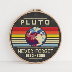Könnte beinhalten: Ein schwarzer und weißer Stickrahmen mit einem bunten Retro-Design, das den Planeten Pluto und den Text "Pluto Never Forget 1930-2006" zeigt.