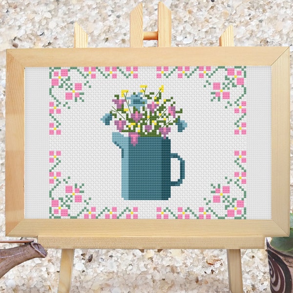 Flowers In A Jug Cross Stitch Pattern Simple Fun Colorful Beginner Friendly Small Design 8 Colors