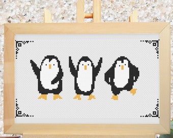 Cute Penguins Cross Stitch Pattern Silly Fun Animals Beginner Friendly Design 3 Colors