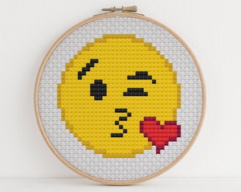 Blow Kiss Emoji Cross Stitch Pattern Love Heart Face Cute Funny Design 5 Colors