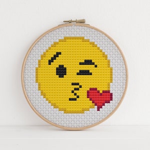 Blow Kiss Emoji Cross Stitch Pattern Love Heart Face Cute Funny Design 5 Colors