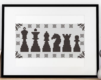 Chess Pieces Cross Stitch Pattern Classic Strategy Game Design 1 Color