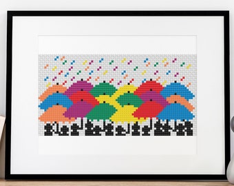 Colorful Umbrellas Cross Stitch Pattern Rainy Day Crowd Simple Design 7 Colors