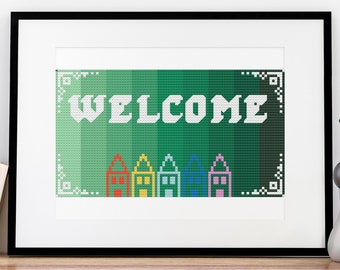 Small Welcome Sign Cross Stitch Pattern Housewarming Friendly Home Design 15 Colors