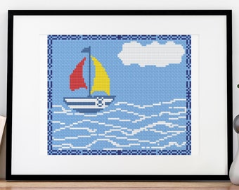 Sailboat Cross Stitch Pattern Fun Pretty Sailing Adventure Design 5 Colors