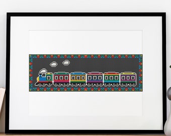Colorful Train Cross Stitch Pattern Fun Kids Room Decor Design 10 Colors