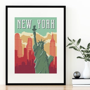 Patrón de punto de cruz de Nueva York Póster de viaje vintage Diseño de la Estatua de la Libertad con silueta de la ciudad en 13 colores
