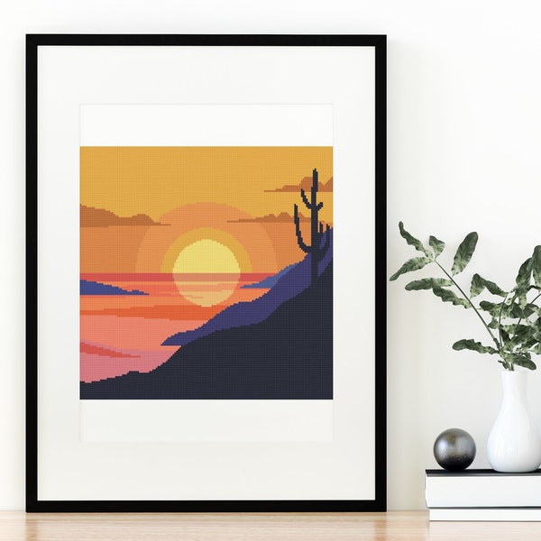 Desert Sunset Cross Stitch Pattern Beautiful Wilderness Adventure Design 18 Colors