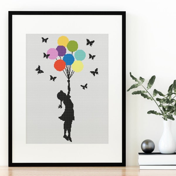 Balloons and Butterflies Cross Stitch Pattern Modern Joyful Girl Design 9 Colors