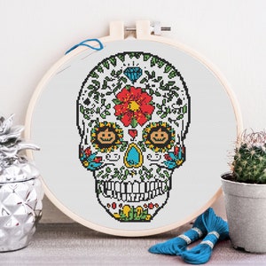 Sugar Skull Cross Stitch Pattern Día De Los Muertos Calavera Spooky Design 9 Colors