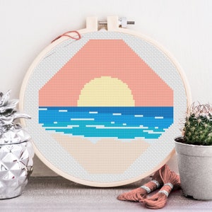 Strand Sonnenuntergang Kreuzstich Muster Moderne Urlaub Sonnenschein Meer Design 7 Farben