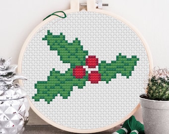 Christmas Holly Cross Stitch Pattern Simple Cute Beginner Friendly Ornament Design 4 Colors