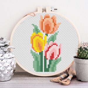 Beginner Cross Stitch Pattern Simple Colorful Tulips Design 12 Colors