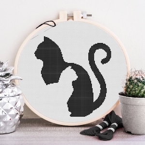 Patrón de punto de cruz con silueta de gato negro, diseño animal moderno contado, 1 color