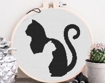 Black Cat Silhouette Cross Stitch Pattern Modern Counted Animal Design 1 Color