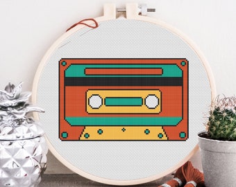 Vintage Cassette Tape Cross Stitch Pattern Cool Simple Retro Mixtape Design 4 Colors