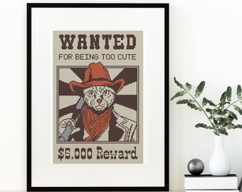 Cute Kitty Wanted Poster Cross Stitch Pattern Funny Cat Cowboy Design 3 Colors
