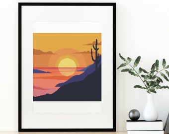 Desert Sunset Cross Stitch Pattern Beautiful Wilderness Adventure Design 18 Colors