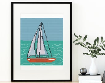 Sailing Cross Stitch Pattern Sailboat Blue Water Cruising Design 8 Colors