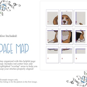May include: A page map for a cross stitch pattern of a beagle dog. The map shows nine sections of the pattern, with red center lines and highlighted overlap areas to help align stitches.