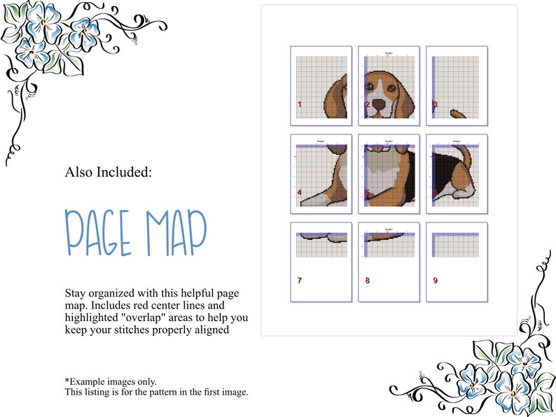 May include: A page map for a cross stitch pattern of a beagle dog. The map shows nine sections of the pattern, with red center lines and highlighted overlap areas to help align stitches.