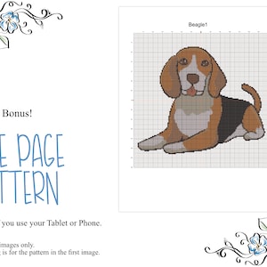 May include: A cross-stitch pattern for a beagle dog. The pattern is on a white background with a grid. The dog is brown, black, and white. The text "Beagle1" is at the top of the pattern.