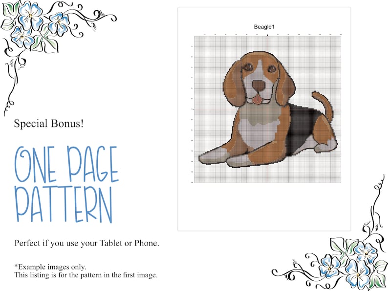 May include: A cross-stitch pattern for a beagle dog. The pattern is on a white background with a grid. The dog is brown, black, and white. The text "Beagle1" is at the top of the pattern.