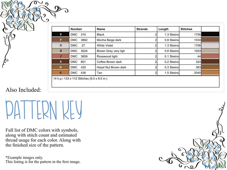 May include: A table showing DMC thread colors and their corresponding numbers, names, strands, length, and stitches. The table includes colors like black, white violet, brown grey, rosewood, coffee brown, hazel nut brown, and tan. The table also includes the total number of stitches and the finished size of the pattern, which is 9.5 inches by 8 inches.