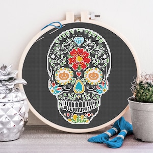 Spooky Sugar Skull Cross Stitch Pattern Día De Los Muertos Calavera Design 9 Colors Black Aida