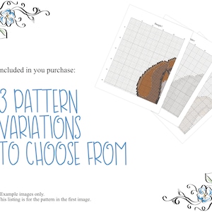 May include: Three cross-stitch patterns for a dog, each with a different color scheme. The patterns are on a white background with black grid lines. The text "Included in you purchase: 3 PATTERN VARIATIONS TO CHOOSE FROM" is at the top of the image.