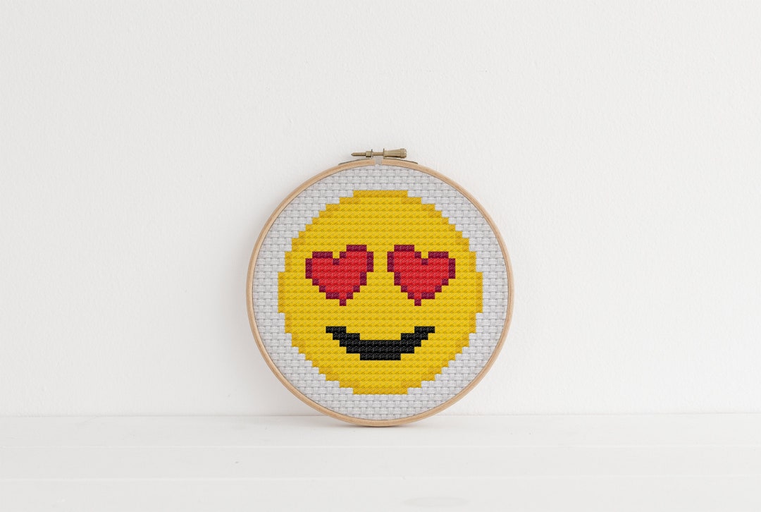 Heart Eyes Emoji Cross Stitch Pattern Love Heart Face Cute Funny Design