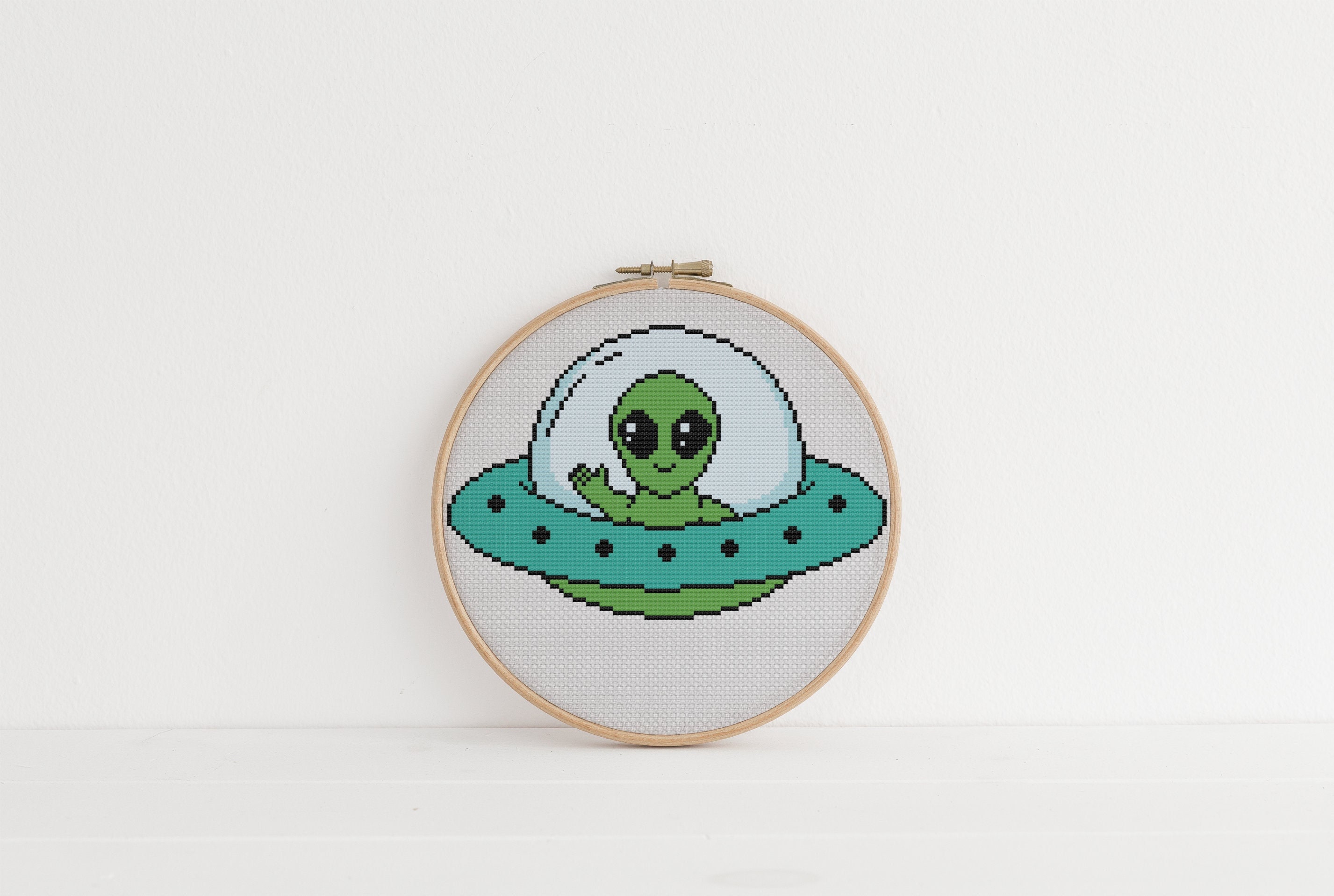 Cute Alien in Flying Saucer Cross Stitch Pattern Fun Beginner Friendly
