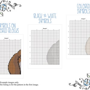 May include: A cross-stitch pattern for a beagle dog. The pattern is shown in three different ways: with colored symbols, black and white symbols, and symbols on colored blocks. The pattern is labeled "Beagle!" and includes the text "Example images only. This listing is for the pattern in the first image."