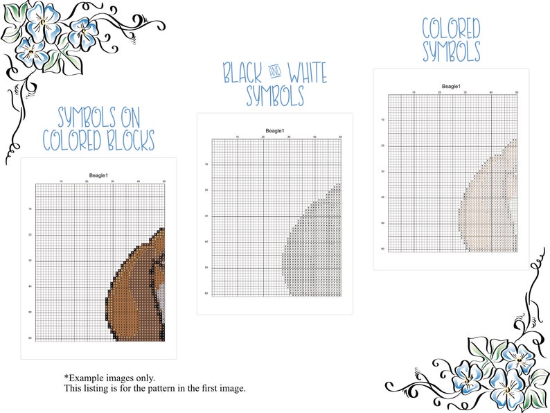 May include: A cross-stitch pattern for a beagle dog. The pattern is shown in three different ways: with colored symbols, black and white symbols, and symbols on colored blocks. The pattern is labeled "Beagle!" and includes the text "Example images only. This listing is for the pattern in the first image."