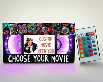 Retro VHS Lamp, Custom made lamp, 80s, 90s, Christmas, Halloween, Unique gift, Horror movie poster, Blockbuster, Personalized VHS tapes