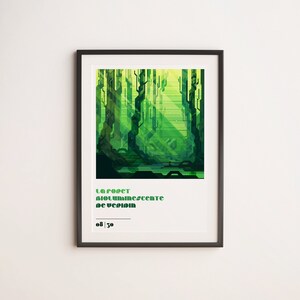 May include: A framed print of a digital illustration of a green forest with the text "La forêt bioluminescente de Verpion" and "08 | 30" below the image.