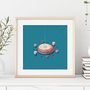 May include: A framed art print showing a pixelated illustration of a tiered structure with a blue light beam. The artwork is on a teal background, with small, circular objects around it. The frame is gold-coloured.