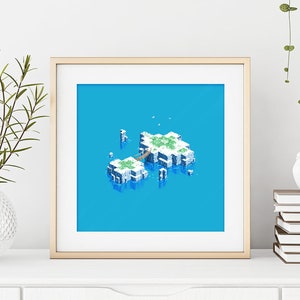 May include: A framed digital art print of a pixelated island with a bridge connecting two parts of the island. The island is surrounded by blue water and there are a few white birds flying in the sky.