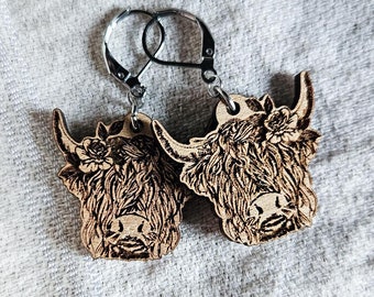Highland Cow Head Earrings | Cute Wooden Cow Earrings with Flower | Farm Animal Jewelry | Rustic Boho Earrings | Cow Lover Gift