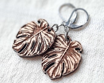 Monstera Leaf Earrings | Wooden Jewelry for Plant Lovers | Perfect Gift for Plant Moms, Tropical Plant Jewelry, Botanical Earrings